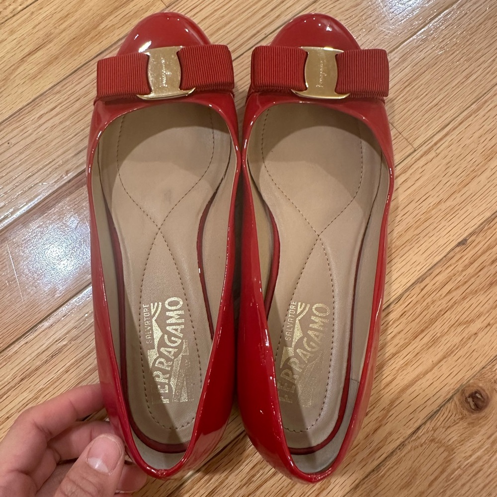 Salvatore Ferragamo Red Suede Flats with Gold Bow